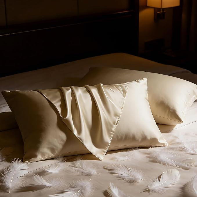 BHZ Beige Satin Goose Down Feather Pillows Queen Size Set of 2 with Pillowcase for Hair and Skin, Cooling Pillow Cases Similar to Silk Pillow Cases, Decorative for Women, Mom Men