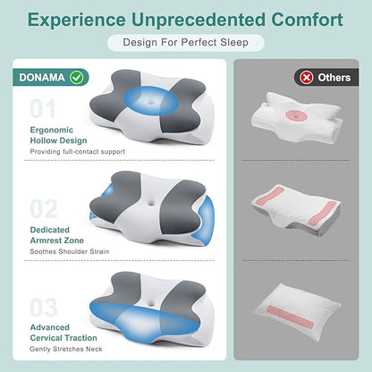 DONAMA Cervical Neck Pillow- Ergonomic Pillows for Pain Relief, Contour Memory Foam Pillow for Side/Back/Stomach Sleepers, CertiPUR-US Certified with Cooling Ice Silk Pillowcase