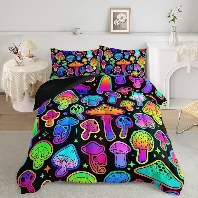 Axolotl Mushroom Kids Bedding Comforter Set King,3Pcs Colorful Gradient Mushroom Quilt Set,Cartoon Botanical Plants Bedding with 1 Comforter 2 Pillowcases for Boys Girls Teens Adults All Season