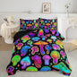 Axolotl Mushroom Kids Bedding Comforter Set King,3Pcs Colorful Gradient Mushroom Quilt Set,Cartoon Botanical Plants Bedding with 1 Comforter 2 Pillowcases for Boys Girls Teens Adults All Season