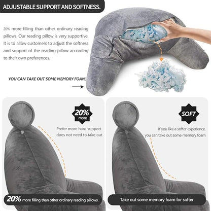 Extra Large Reading Pillow for Sitting in Bed Adult with Detachable Neck Support Cushion & Backrest Pillow for Bed with Arms and Side Pocket Shredded Foam Back Pillow with Washable Cover