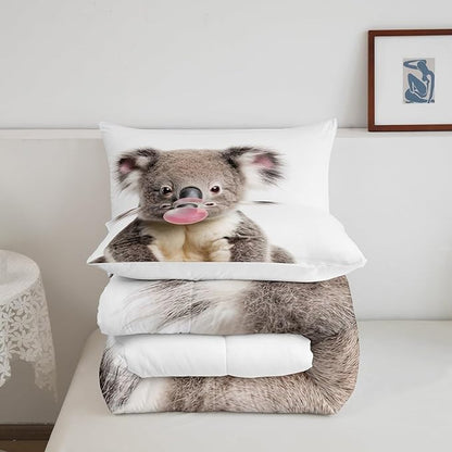 Castle Fairy 3D Koala Full Size Comforter Set,Koala Blowing Bubbles Bedding Set for Adults Teens,Children Wild Animals Comforter Luxury Cute Animal Quilt Set Room Decor 3Pcs