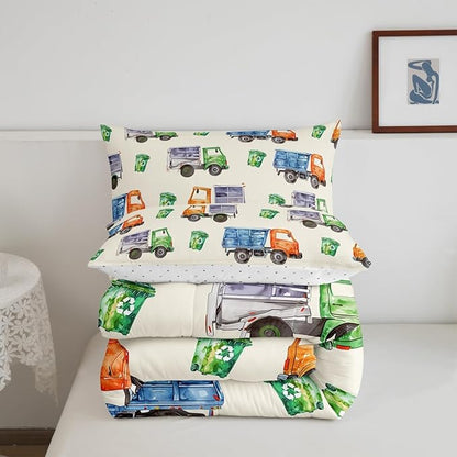 Erosebridal Garbage Trucks Comforter Set Queen 3Pcs Retro Watercolor Garbage and Trash Truck Bedding for Boys Girls Refuse Classification Trash Vehicles Duvet Set with 2 Pillow Cases