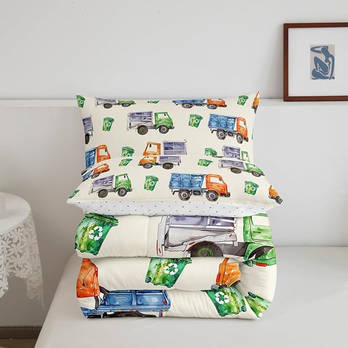Erosebridal Garbage Trucks Comforter Set King 3Pcs Retro Watercolor Garbage and Trash Truck Bedding for Boys Girls Refuse Classification Trash Vehicles Duvet Set with 2 Pillow Cases