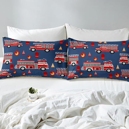 Feelyou Cartoon Car Bedding Set Fire Truck Comforter Set for Kids Boys Girls Teens Room Decor Firefighter Comforter Firemen Car Vehicle Fire Engine Blue Red Duvet Set 3Pcs Queen Size
