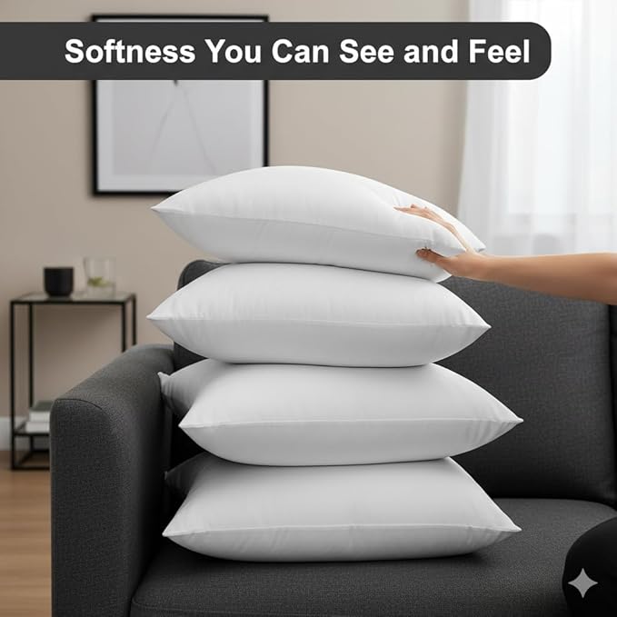 Throw Pillow Inserts (18"x18") | Set of 4 | Easy Maintenance Fluffy Inserts for Better Comfort | Polyester Gel Fibre Fill | No Feather Pokes | Machine Washable in Delicate Cycle