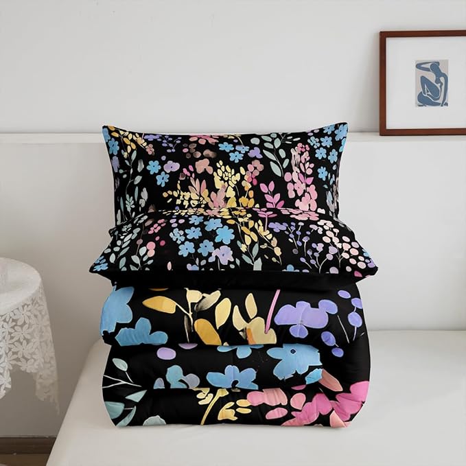 Erosebridal Colorful Flower Full Bedding Set for Girls Boys Kids,Cute Rainbow Floral Comforter Set Bohemian Home Decor,Watercolor Wildflower Quilt Bed Set Country Flowers Bed Comforter Set 3Pcs