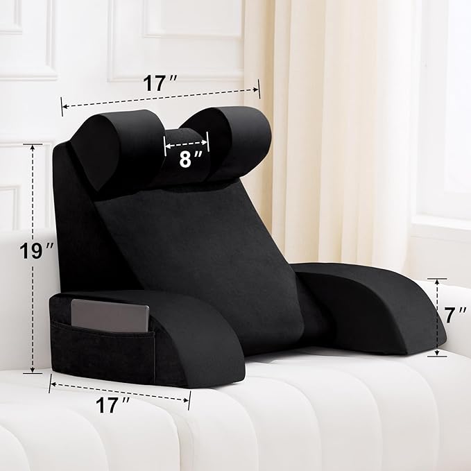 Reading Pillow for Sitting in Bed Adult, Back Pillow for Bed Sitting up, Backrest Pillow with Arms, Back Support Pillows for Gaming Lounging Watching TV, Medium 19" Black