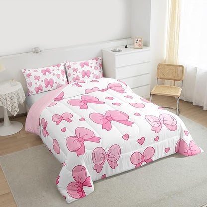jejeloiu Pink Bowknot Comforter Set Full Size Cartoon Bow Bedding Set for Kids Boys Girls Cute Love Heart Duvet Quilt White Pink Bedroom Decor Microfiber 3 Pcs with 2 Pillow Cases