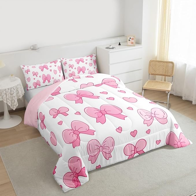 jejeloiu Pink Bowknot Comforter Set Toddler Size Cartoon Bow Bedding Set for Kids Boys Girls Cute Love Heart Duvet Quilt White Pink Bedroom Decor Microfiber 2 Pcs with 1 Pillow Cases