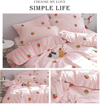 AOJIM Pink Kids Duvet Cover Set Cute Style, Pure Cotton Anime Bedding Comforter Cover Set 3pcs with Zipper Closure, 1 Super Soft Strawberry Duvet Cover and 2 Pillowcases for Room Decor, Twin XL Size
