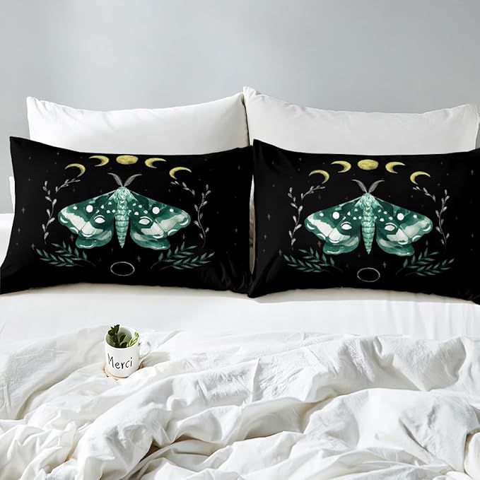 Moth Comforter Cover Queen,Leaves and Sun Moon Bedding Set 3 Pcs for Kids Teens Adults Girls Room Decor,Gothic Animals Plants Themed Duvet Cover Set Soft Black Quilt Cover with 2 Pillowcases