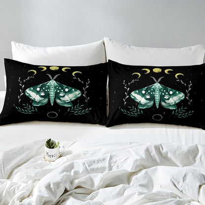 Moth Comforter Cover Queen,Leaves and Sun Moon Bedding Set 3 Pcs for Kids Teens Adults Girls Room Decor,Gothic Animals Plants Themed Duvet Cover Set Soft Black Quilt Cover with 2 Pillowcases