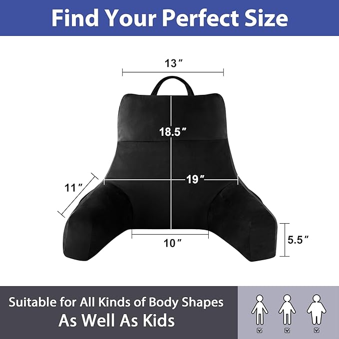 Back Pillow for Bed Sitting up, Reading Pillow for Sitting in Bed Adult, Back Support Pillow, Memory Foam Sit up Lounge Backrest Pillow with Arms for TV, Couch, Chair, Dorm, 18 Inch, Black