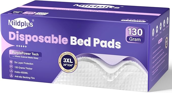 130 Grams Heavy Duty Bed Pads 36''X36'', 50 Count Disposable Purple Underpads, Extra Large XXXL Chucks Pads, 3X Thicker Incontinence Pads for Adults, Kids or Pets from MILDPLUS