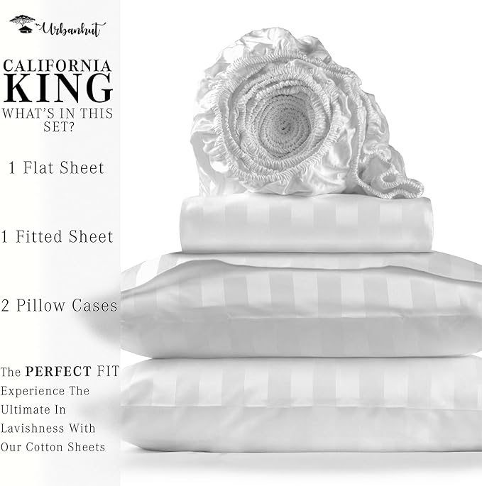 URBANHUT 1000 Thread Count Egyptian Cotton Sheets Damask Striped California King Size, Long Staple Soft & Breathable, 4 Pc Bed Sheet Sets, Luxury Hotel Sateen Sheets Fits 16" Deep Pocket - White