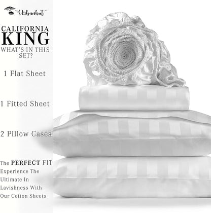 URBANHUT 1000 Thread Count Egyptian Cotton Sheets Damask Striped California King Size, Long Staple Soft & Breathable, 4 Pc Bed Sheet Sets, Luxury Hotel Sateen Sheets Fits 16" Deep Pocket - White