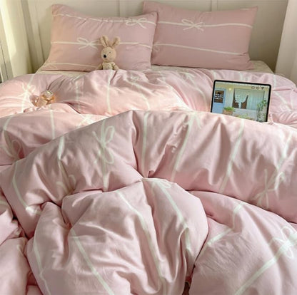 Striped Duvet Cover Queen Size Pink White Bow Stripes Bedding Set 3Pcs Kids Boys Girls Princess Style Kawaii Bowknot Comforter Cover with Zipper Closure & Corner Ties