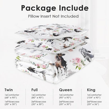 Twin Size Comforter Set with Pillowcase, Horses Soft 2 Pcs Bedding for Kids and Adults, Pink Rose Flower Comforter Set for Room Bedroom Bed Decor