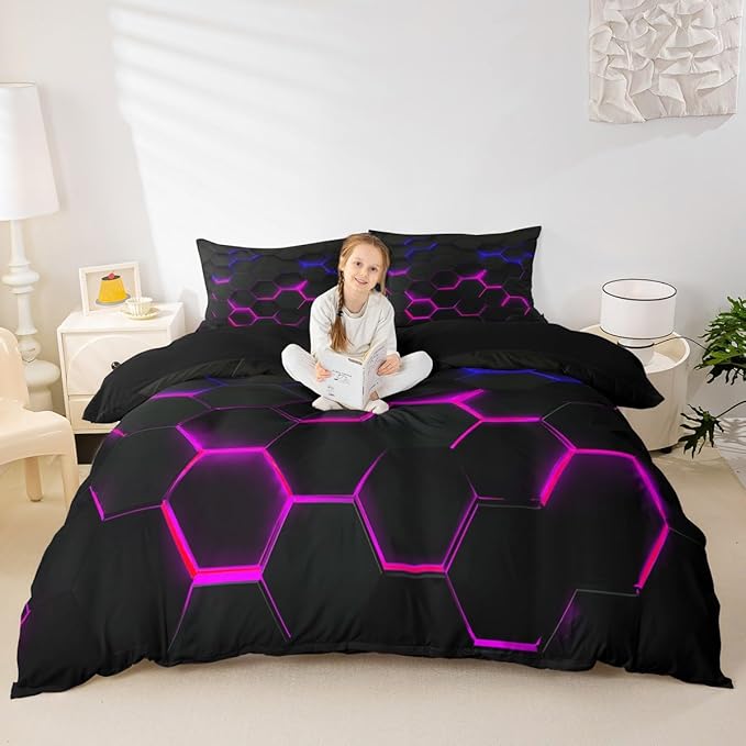Castle Fairy 3D Honeycomb Duvet Cover Set Twin Size for Kids Hexagon Bedding Sets with with 1 Pillowcase, Pink Blue Neon Lights Print Comforter Cover Teen Boys Girls Bedroom Decor Bed Cover 2 Piece