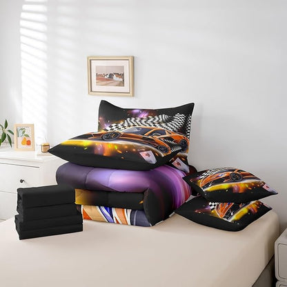 Feelyou Orange Racing Car 7 Piece Bedding Set Queen Size Extreme Sport Comforter Set with Sheets for Kids Boys Girls Teens Toddler Fast and Furious Bed in a Bag Black White Flag Bed Set