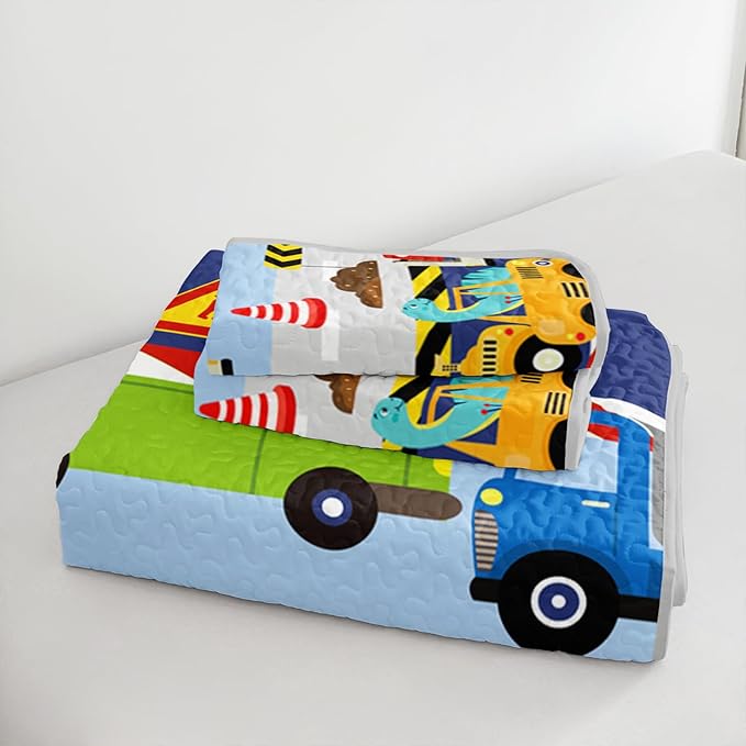 QOOMO Construction Dinosaur Quilt Set Full/Queen Size,Excavator Bedspread Coverlet Set,Tractor 3Pcs Bedding Set Printed Quilt with 2 Pillowcases,Soft and Lightweight,for All Seasons