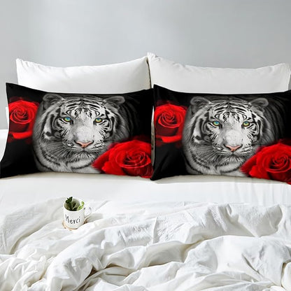 Safari Tiger Comforter Cover King Size, Rose Flower Romantic Floral Bedspread with 2 Pillowcases for Teens Women Adults Bedroom Decorative Fierce Animal Bedding Sets 3 Pieces Decorative Bed Cover