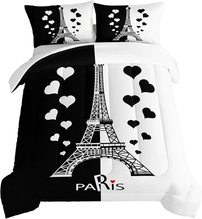 HOSIMA Black and White Stitching Love Heart Paris Bedroom Comforter Set,Eiffel Tower Modern French Style Bedroom Decor,Romantic Sweet Couple Queen Size Comforter with 2 Pillow Cases.