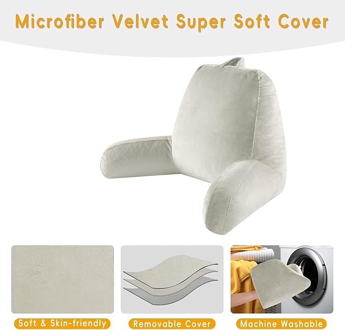 Reading Pillow for Sitting in Bed Adult, Reading Pillow with Shredded Memory Foam, Bed Pillow with Washable Cover, Back Pillow Sitting Up with Extend Arms, Beige, Large