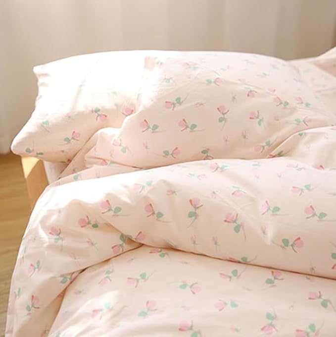 Floral Duvet Cover Queen Size Pink Flower Coquette Bedding Set 3 Pieces Kids Boys Girls Princess Style Green Botanical Reversible Ultra Soft Breathable Duvet Cover Set