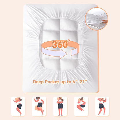 Topllen Cal King Mattress Topper for Back Pain Relief, Extra Thick Pillow Top Plush Mattress Pad with Deep Pocket, Soft Pillowtop California King Size Bed Toppers Filled Fluffy, White