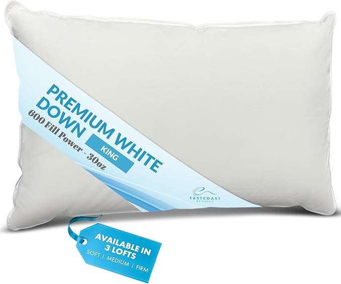 Luxury Duck Down Pillow - White Duck Down Pillow with 600 Fill Power, 400 Thread Count, 100% Cotton Cover - Medium Pillows for Sleeping and Support - King, 20"x36" (1 Pack)