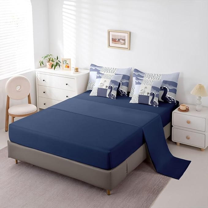 Feelyou Cute Dinosaur 7 Piece Bedding Set Dark Blue Dinosaur Comforter Set with Sheets King Size for Kids Boys Girls Geometric Pattern Bed in a Bag Animal Theme Bed Set Soft Lightweight