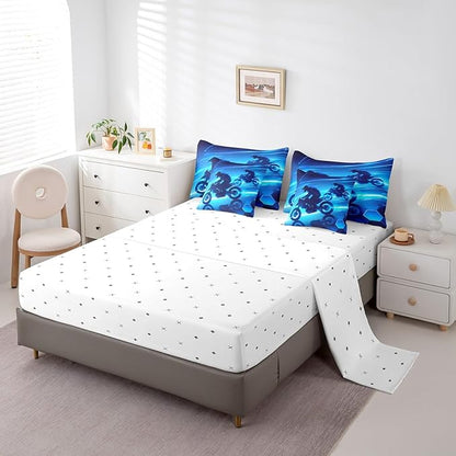 Feelyou Dirt Bike Comforter Set with Sheets King Size Racing Motocross Rider 7 Piece Bedding Set for Kids Boys Girls Teens Toddler Extreme Sports Bed in a Bag Blue Bed Set