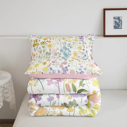 Erosebridal Cute Rainbow Flower Twin Bedding Set for Girls Kids Women,Colorful Boho Floral Comforter Set Rustic Home Decor,Bohemian Wildflower Quilt Bed Set Wild Flowers Bed Comforter Set 2Pcs