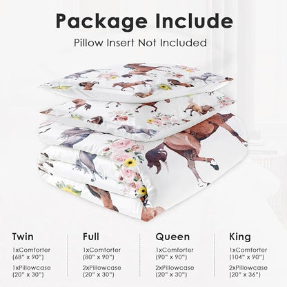 Twin Size Comforter Set with Pillowcase, Vintage Horse Brown Soft 2 Pcs Bedding for Kids and Adults, Get Watercolor Run Comforter Set for Room Bedroom Bed Decor