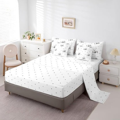 Feelyou Cartoon Comforter Set with Sheets 7 Piece Twin Size Kids Cute Animal Bed in a Bag for Boys Girls Kawaii Bedding Set Breathable Panda Bear Printed Black White Bed Set Room Decor