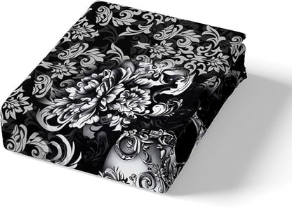 Gothic Skull Bedding Sets Full Size,Halloween Flower Skull Duvet Cover Set for Kids Boys Girls Teen Bedroom Decor,Black Grey Vintage Damask Quilt Cover Retro Floral Comforter Cover,2 Pillowcases