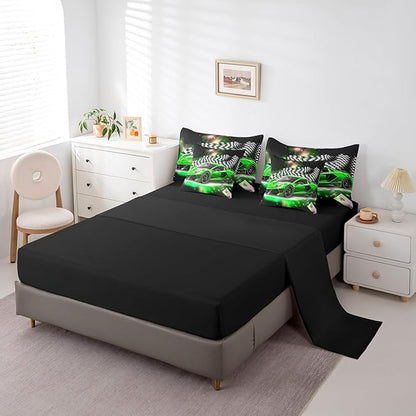 Feelyou Green Racing Car 7 Piece Bedding Set Queen Size Extreme Sport Comforter Set with Sheets for Kids Boys Girls Teens Toddler Fast and Furious Bed in a Bag Black White Flag Bed Set