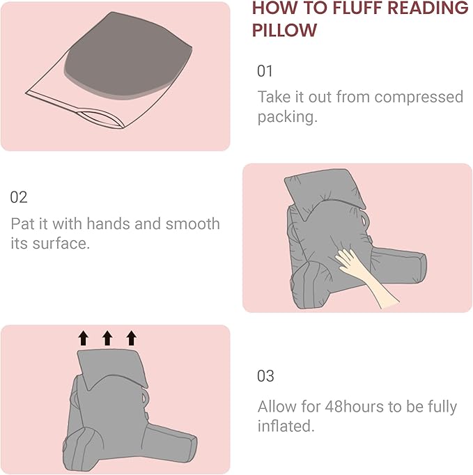 Portable Reading Pillows with Headrest for Bed Sitting Up(Dark Pink Oeko-Tex), Velvet Back Pillow with Arms & Pockets for Adults, Support Memory Foam Bed Pillow for Dorm/Watching/Gaming