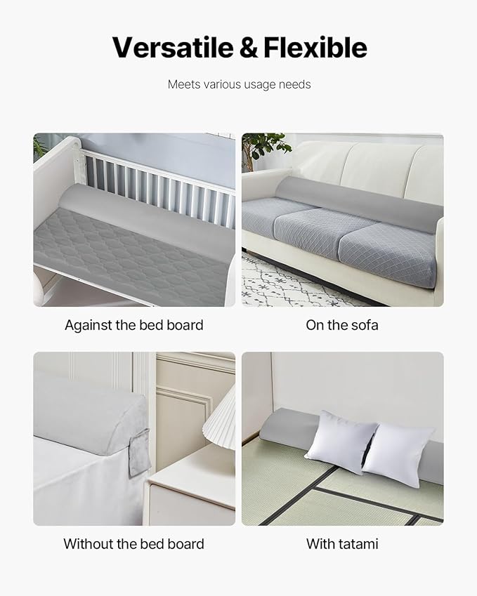 VEVOR Bed Wedge Pillow for Headboard, King Size, 76"x10"x6" Bed Gap Filler, Fill 0-7" Gap Between Headboard and Mattress, Soft Plush Mattress Wedge Headboard Pillow with Side Pocket, for Backrest Gray