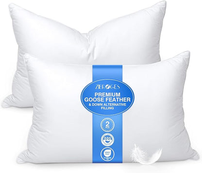 Feather Pillows Queen Size Set of 2 - Goose Down Hotel Bed Pillow for Sleeping, Soft 600 Thread Count Cotton Cover, Fluffy Support Surround Fill Polyester for Side, Stomach, Back Sleepers