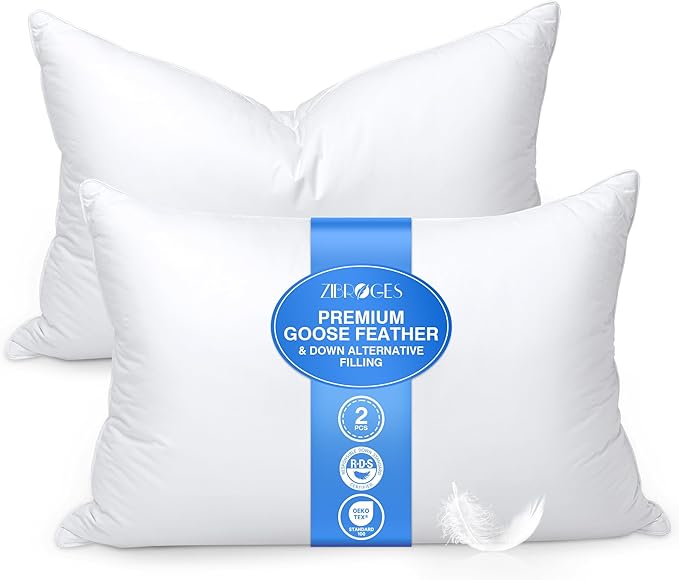 Feather Pillows King Size Set of 2 - Goose Down Hotel Bed Pillow for Sleeping, Soft 600 Thread Count Cotton Cover, Fluffy Support Surround Fill Polyester for Side, Back, Stomach Sleepers