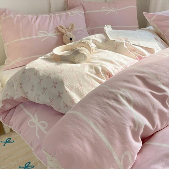 Striped Duvet Cover Queen Size Pink White Bow Stripes Bedding Set 3Pcs Kids Boys Girls Princess Style Kawaii Bowknot Comforter Cover with Zipper Closure & Corner Ties