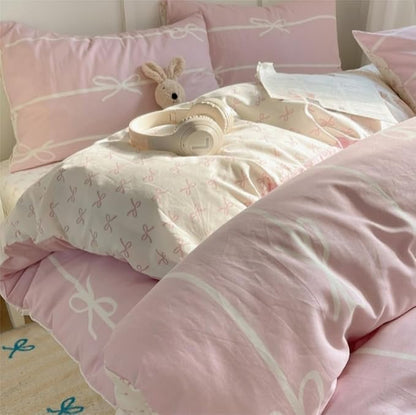 Striped Duvet Cover Queen Size Pink White Bow Stripes Bedding Set 3Pcs Kids Boys Girls Princess Style Kawaii Bowknot Comforter Cover with Zipper Closure & Corner Ties