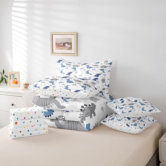 Feelyou Cute Dinosaur 7 Piece Bedding Set Blue Grey Dinosaur Comforter Set with Sheets for Kids Boys Girls Nutrue Palm Tree Bed in a Bag Animal Theme Bed Set Soft Lightweight