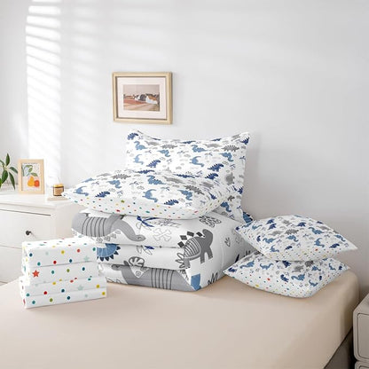 Feelyou Cute Dinosaur 7 Piece Bedding Set Blue Grey Dinosaur Comforter Set with Sheets for Kids Boys Girls Nutrue Palm Tree Bed in a Bag Animal Theme Bed Set Soft Lightweight