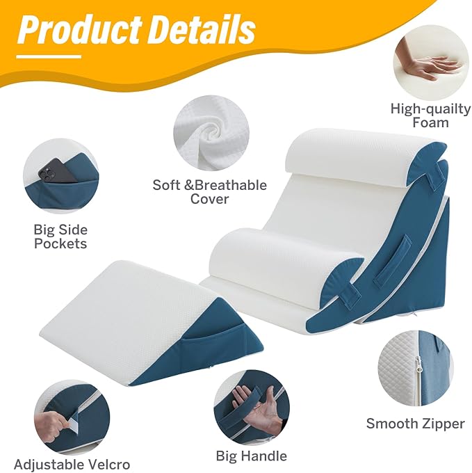 Wedge Pillow Set for After Surgery – 5PCS Orthopedic Bed Wedge Pillow Set for Sleeping, Body, Back and Leg Pain Relief Comfortable & Adjustable Support Pillows-Anti Snoring (Blue)