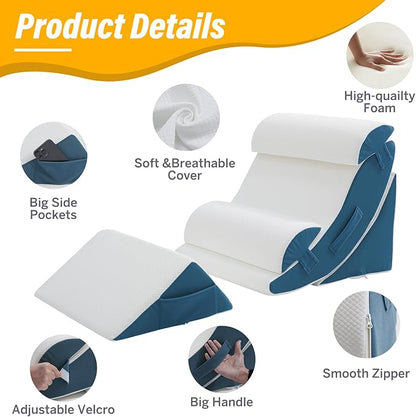 Wedge Pillow Set for After Surgery – 5PCS Orthopedic Bed Wedge Pillow Set for Sleeping, Body, Back and Leg Pain Relief Comfortable & Adjustable Support Pillows-Anti Snoring (Blue)