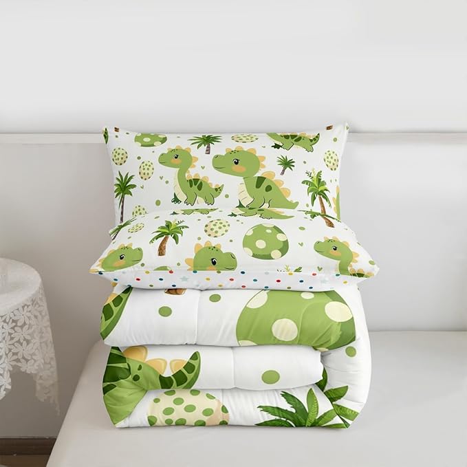 jejeloiu Cute Dinosaur Comforter Set All Season Cartoon Green Dinosaur Bedding Set with 2 Pillow Cases Animal Egg Microfiber Kids Queen Bedclothes Coconut Tree Bedroom Decor Duvet Quilt Soft